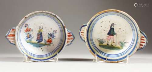 A PAIR OF EARLY QUIMPER TWIN-HANDLED BOWLS. 7.5ins wide.