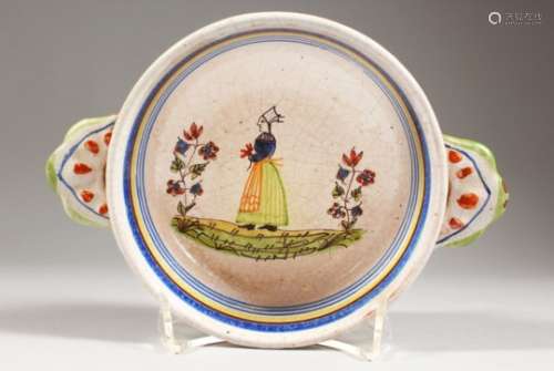 A SINGLE QUIMPER TWIN-HANDLED BOWL. 8ins wide.