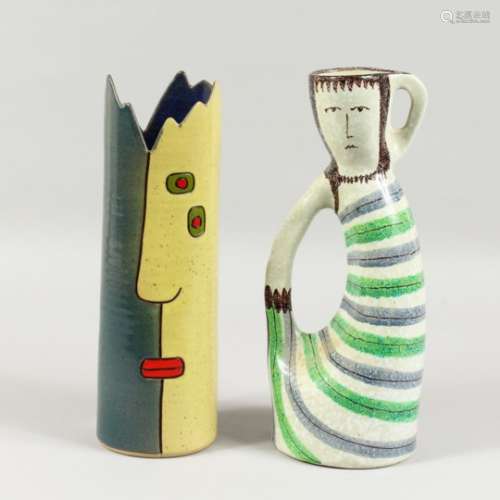 A PICASSO STYLE POTTERY JUG, and a Picasso style vase. 12ins and 11.5ins high.