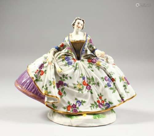 A GOOD LARGE MEISSEN FIGURE OF A LADY, wearing a floral skirt with purple underskirt, a folded fan