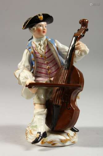 A SMALL MEISSEN FIGURE OF A CELLIST, crossed swords mark to base. 5ins high.