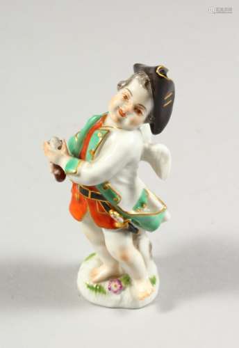 A SMALL MEISSEN FIGURE OF A CHERUB HOLDING A GUN, crossed swords mark to base. 3.5ins high.