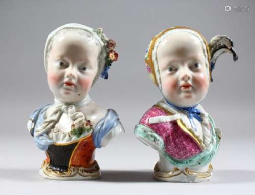 TWO MEISSEN BUSTS OF YOUNG GIRLS, one with a plume of feathers in her hair, the other with a posy of