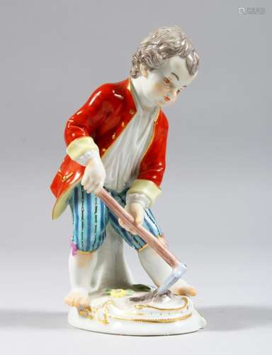 A SMALL MEISSEN FIGURE OF A YOUNG BOY WITH A HOE, crossed swords mark to base. 4.5ins high.