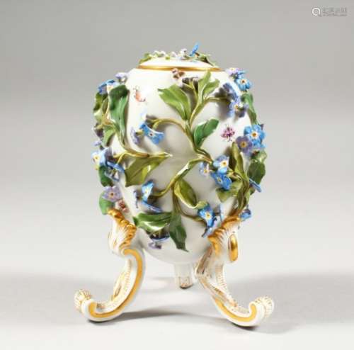 A MEISSEN EGG SHAPE VASE AND COVER, with floral encrusted body, painted with insects on three