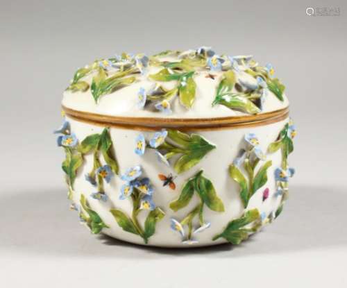 A MEISSEN CIRCULAR BOWL AND COVER, with floral encrusted body, painted with insects, crossed