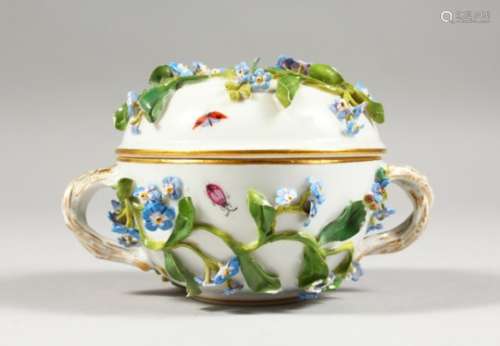 A MEISSEN CIRCULAR TWIN-HANDLED BOWL AND COVER, with floral encrusted body, painted with insects,