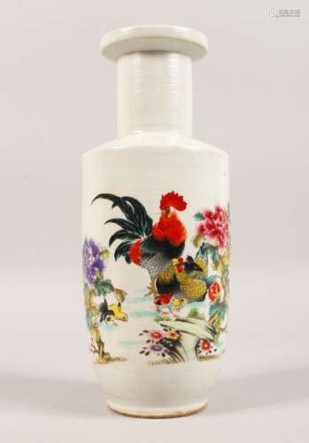 A ROULEAU VASE, painted with a cockerel and flowers. 10.5ins high.