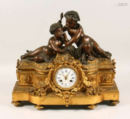 A 19TH CENTURY ORMOLU AND BRONZE MANTLE CLOCK, with eight-day movement striking on a bell,