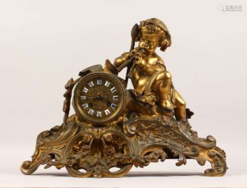A 19TH CENTURY FRENCH ORMOLU MANTLE CLOCK, with eight-day movement striking on a bell, enamelled