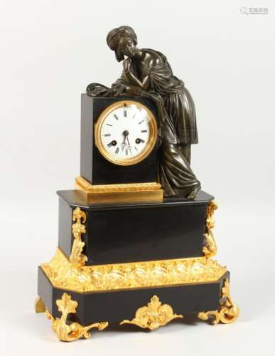 A GOOD 19TH CENTURY FRENCH BRONZE AND ORMOLU MOUNTED SLATE MANTLE CLOCK, mounted with a bronze