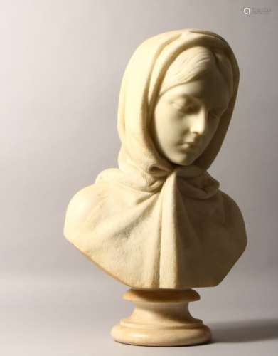 JOHN DENTON CRITTENDEN (1834-1877) A GOOD CARVED WHITE MARBLE BUST OF A YOUNG LADY, wearing a
