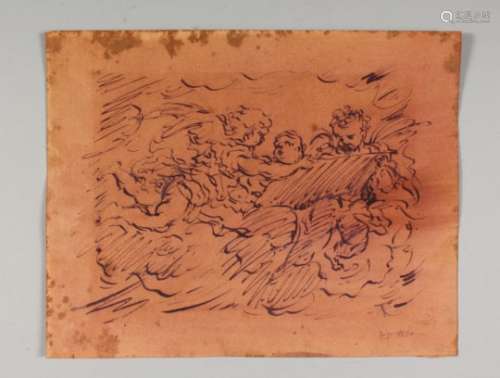 AN OLD MASTER STYLE SKETCH OF CHERUBS, ink on paper, unframed. 7.5ins x 9.25ins.