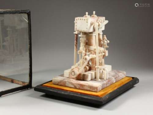 AN UNUSUAL MARBLE MODEL OF A STATIONARY STEAM ENGINE, in a glass display case. Model: 10ins high.