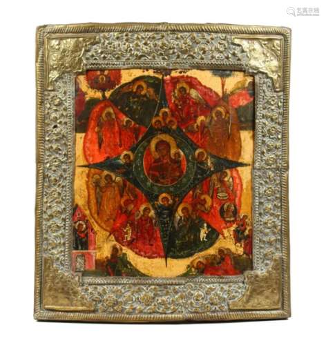 A VERY GOOD 18TH CENTURY GREEK ICON OF SAINTS, on a panel with a brass border. 15ins x 13.5ins.