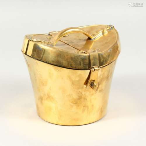 A BRASS BOX, modelled as a hat box. 6ins high.