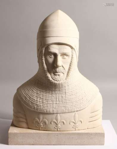 A 20TH CENTURY CARVED STONE BUST OF A CRUSADER, wearing a helmet and chainmail, on a rectangular