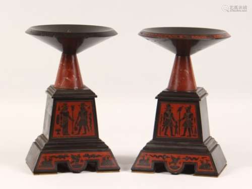 A PAIR OF EGYPTIAN REVIVAL BACK SLATE AND ROUGE MARBLE TAZZA'S, inlaid with Egyptian figures. 9.5ins