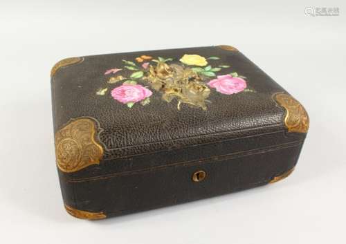 A GOOD VICTORIAN LEATHER SEWING BOX, with engraved brass corners, embossed brass floral mount and