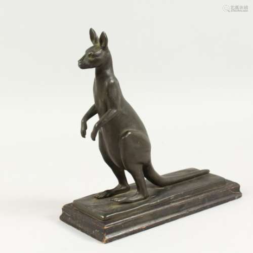 A SPELTER MODEL OF A KANGAROO, on an ebonised wood base. 10.5ins high overall.