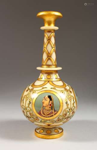 AN INDIAN PAINTED AND GILDED ALABASTER WATER BOTTLE. 9.75ins high.