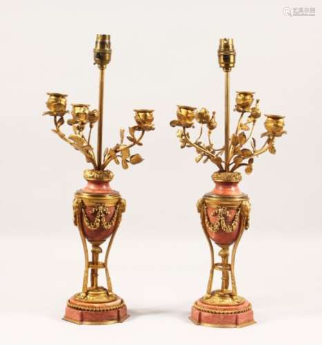 A GOOD PAIR OF ORMOLU AND ROUGE MARBLE NEO CLASSICAL STYLE CANDELABRA, with three rosebud