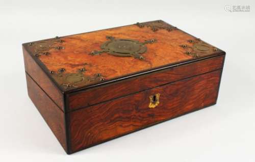 A GOOD VICTORIAN FIGURED WALNUT TRAVELLING WRITING BOX, with brass mounts and velvet interior. 13ins