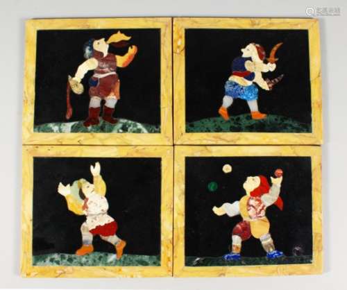 A GOOD SET OF FOUR ITALIAN MARBLE INLAID RECTANGULAR PLAQUES of a fire eater, swordsman, juggler and