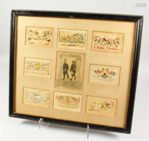 A FRAMED COLLECTION OF EIGHT FIRST WORLD WAR SILK POSTCARDS, framed and glazed.