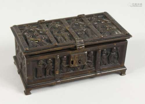 A MINIATURE BRONZE CHEST in the renaissance style. 5.5ins long.