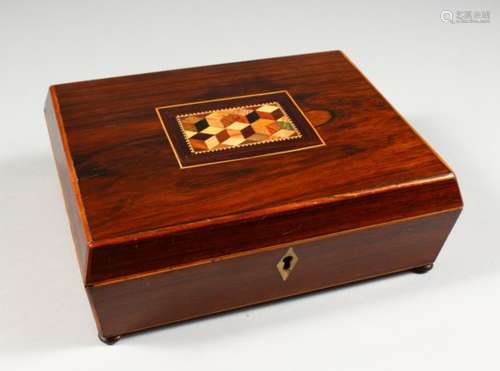 A GOOD 19TH CENTURY TUNBRIDGE WARE SEWING BOX, the top with parquetry inlay, opening to reveal