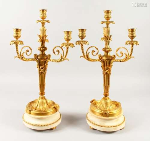 A VERY GOOD PAIR OF LOUIS XVIth WHITE MARBLE AND ORMOLU CANDELABRA with centre candle holder and