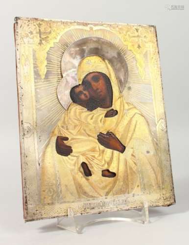 MADONNA AND CHILD, with silver gilt overlay. Maker: B.C. 1874. 9ins x 7ins.