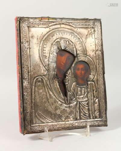 MADONNA AND CHILD, with silver overlay. Maker faint. 9ins x 7ins.