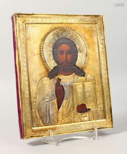 CHRIST, with silver gilt cover, Maker: A.G. 9ins x 7ins.