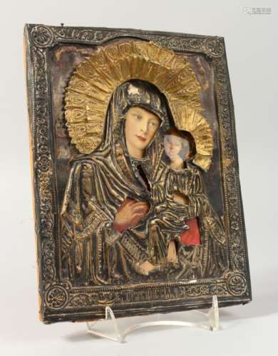 MADONNA AND CHILD, with silver cover. 9ins x 7ins.