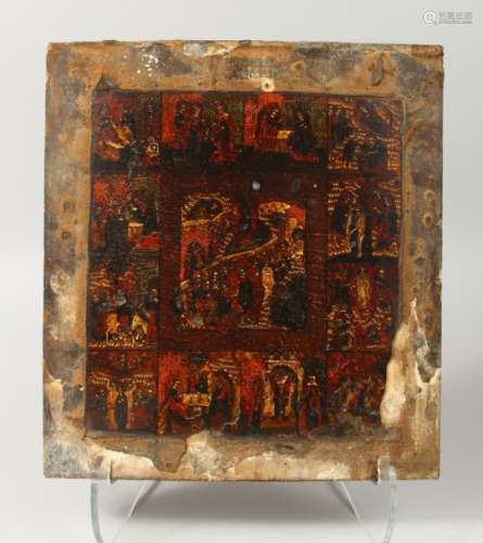 A 17TH CENTURY ICON, The Feast, on panel. 13ins x 12ins.