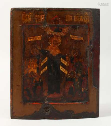 A 17TH CENTURY ICON, Madonna, on panel. 9ins x 7ins.