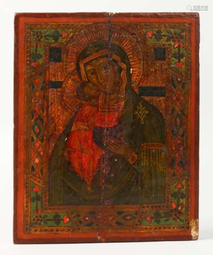 A 17TH CENTURY ICON, Madonna and Child, on panel. 9ins x 7ins.