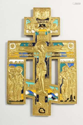 A 19TH CENTURY BRASS CRUCIFIX CROSS, with enamel. 9ins x 6ins.