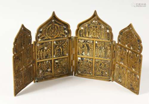 AS GOOD RUSSIAN BRASS FOLDING FOUR-FOLD ICON. 5.5ins x 14.5ins overall.