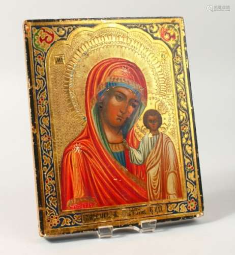 AN 18TH CENTURY ICON, Madonna and Child, on panel. 7ins x 5.5ins.