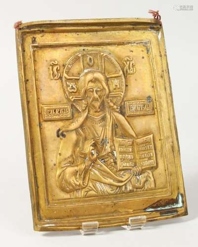 A RUSSIAN BRASS ICON, Christ. 8ins x 4.5ins.