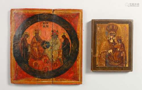 A 17TH CENTURY RUSSIAN ICON, on panel, 6.5ins x 6ins (AF); and another, 4.5ins x 3.5ins (2).