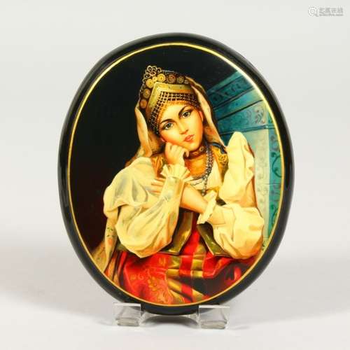 A RUSSIAN BLACK PAPIER MACHE OVAL BOX, 