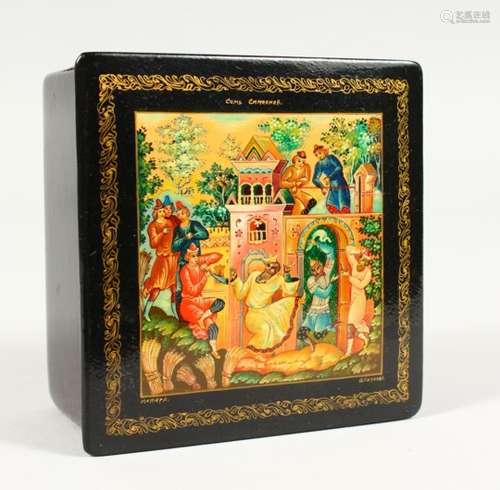 A RUSSIAN BLACK PAPIER MACHE SQUARE BOX, 