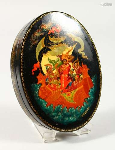 A RUSSIAN BLACK PAPIER MACHE OVAL BOX, 