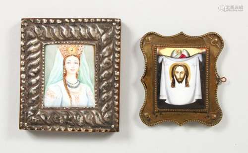 TWO SMALL RUSSIAN ENAMEL ICONS.