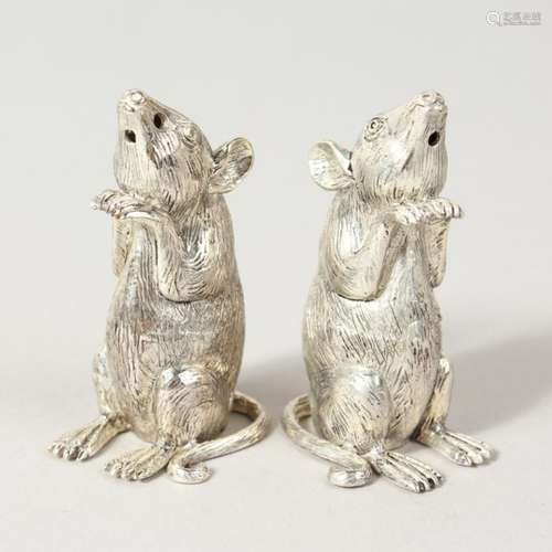 A GOOD PAIR OF HEAVY NOVELTY .800 SILVER MICE SALT AND PEPPERS. 2ins high.