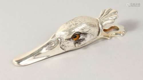 A SILVER PLATED DUCK PAPER CLIP. 5ins long.